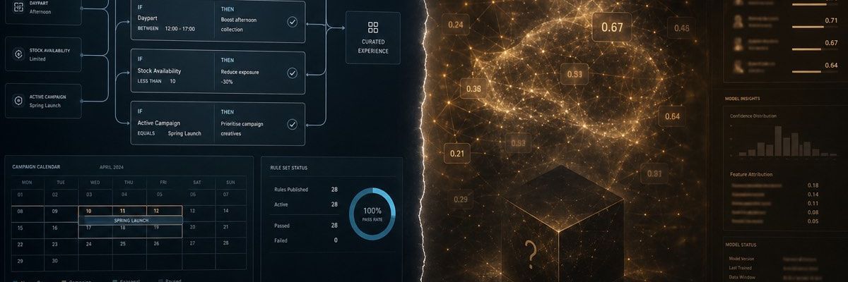 Split view of deterministic merchandising rules versus an opaque AI prediction model