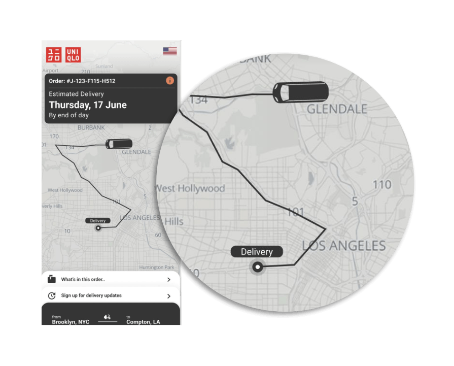 Mobile tracking page showing estimated delivery, map progress, and order status