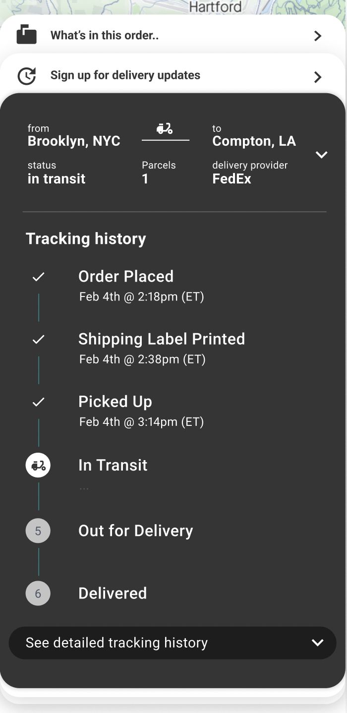 Mobile tracking history showing order placed, label printed, picked up, in transit, out for delivery, and delivered milestones