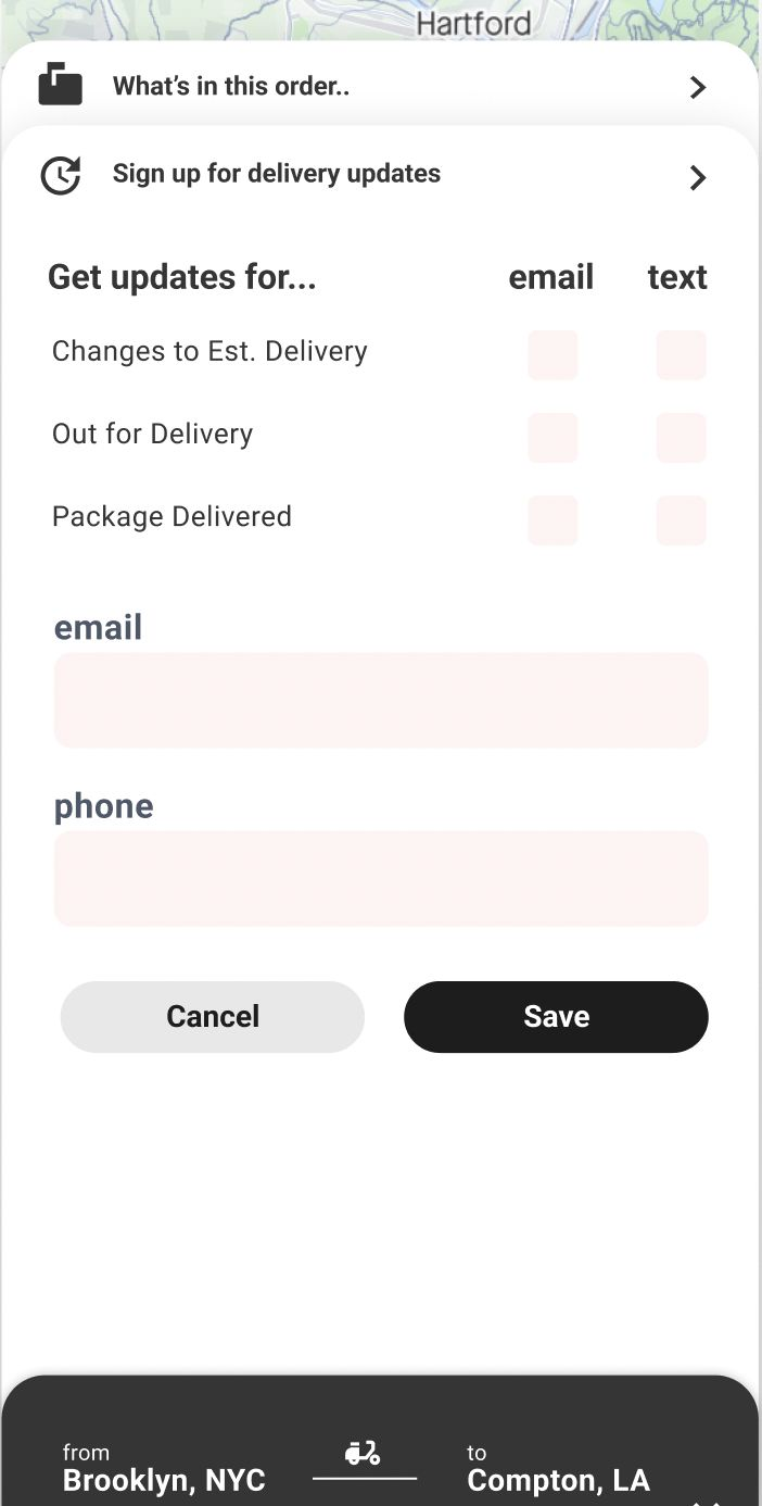 Mobile tracking page showing configurable delivery update notifications by email and text