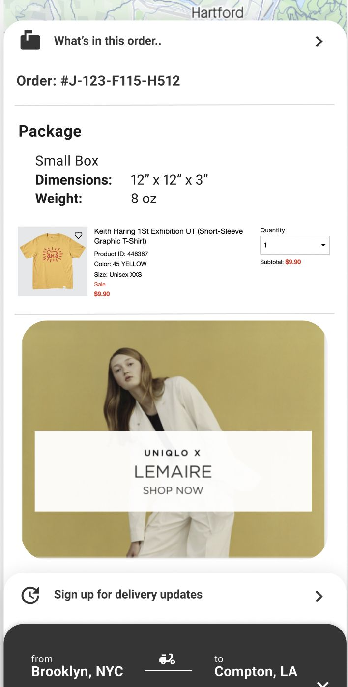 Mobile tracking page showing order contents, package details, and branded post-purchase content