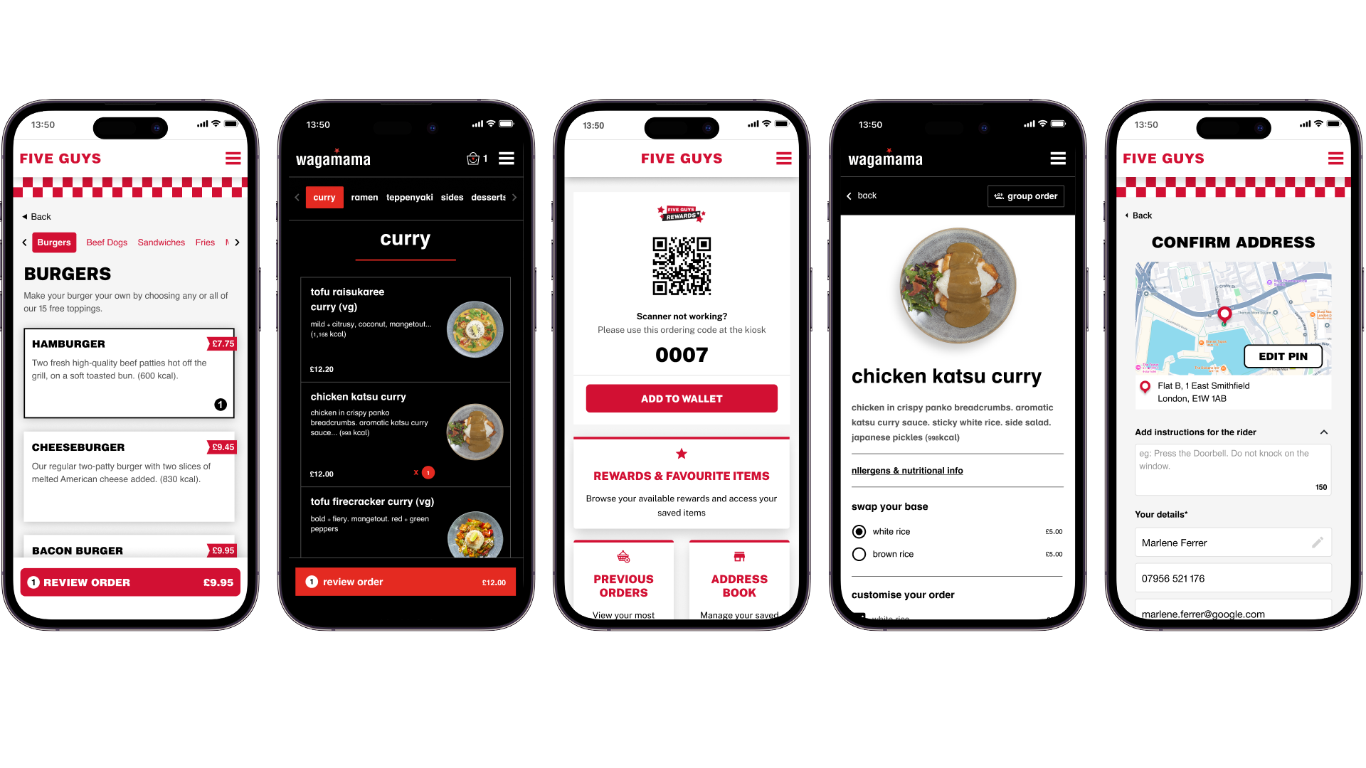 Branded mobile app ordering journey across multiple screens
