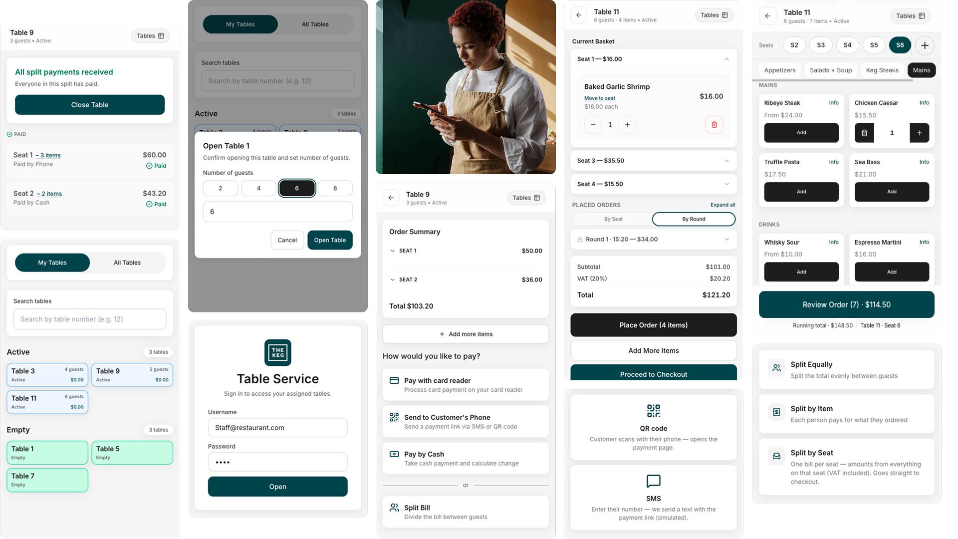 Table service app flows for table management, ordering, and payment