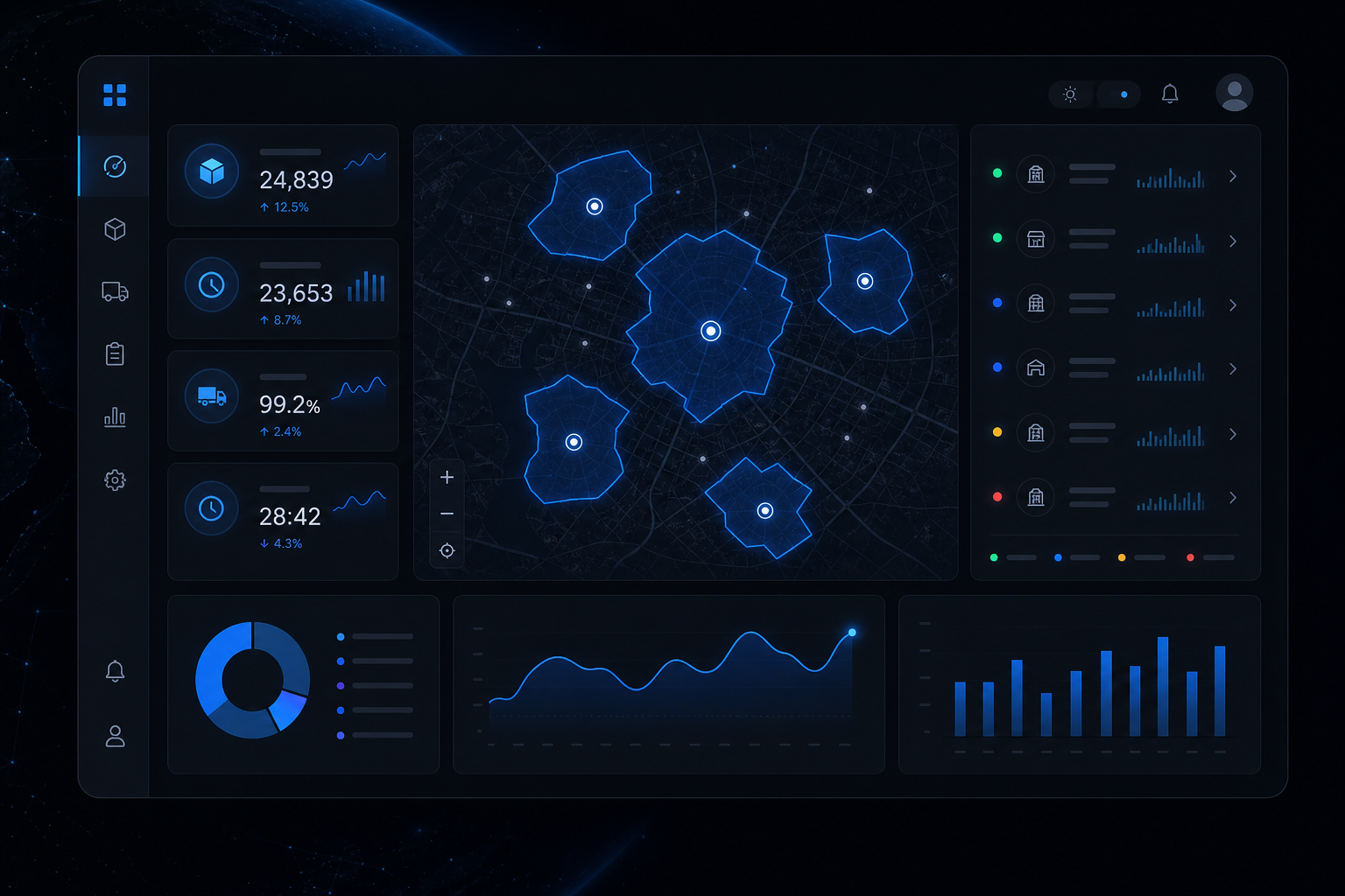 Multi-location delivery management dashboard with configurable delivery zones on a map