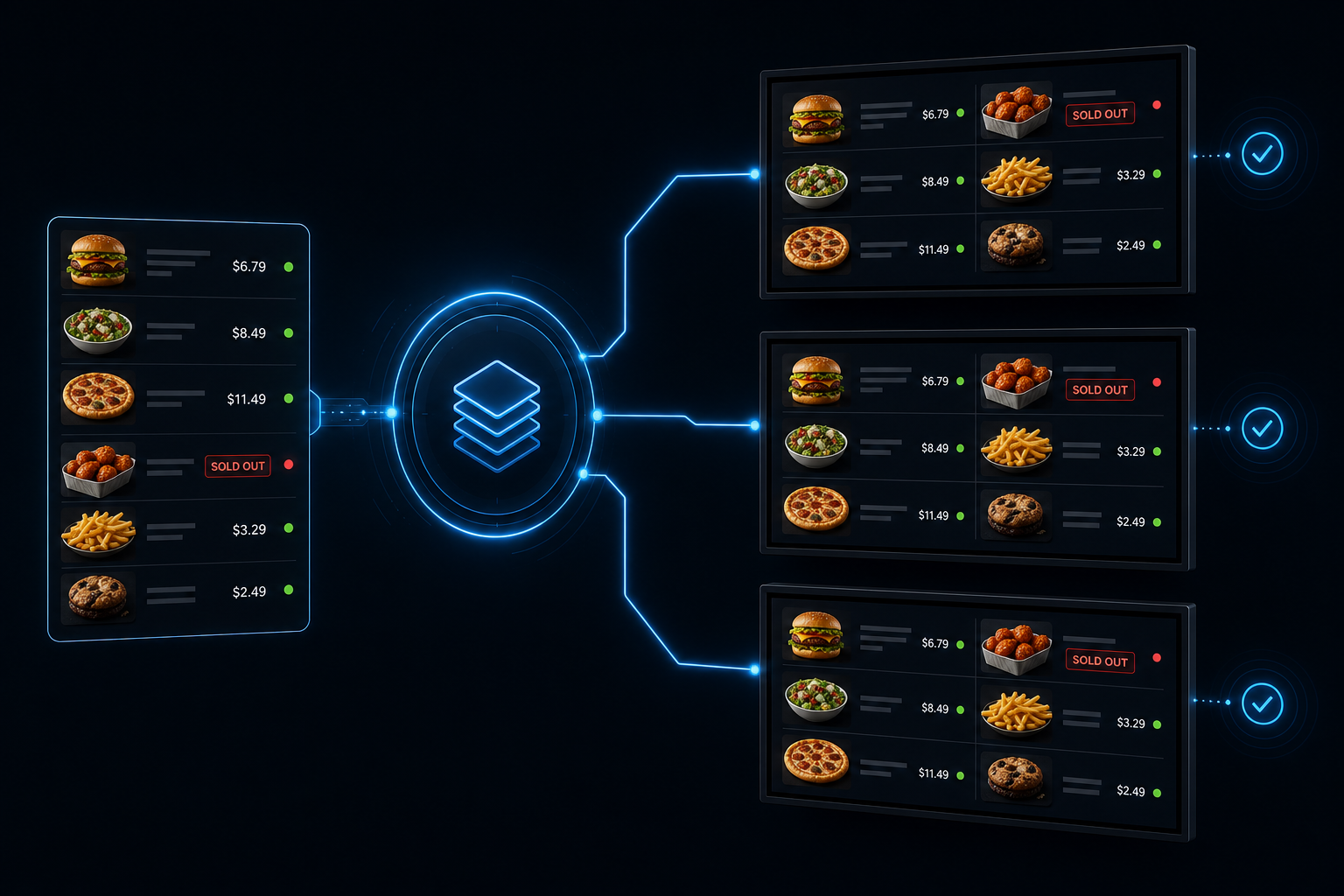 One menu engine syncing consistent pricing and availability to multiple digital menu boards