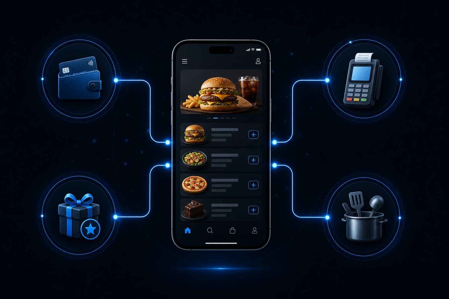 Branded mobile ordering app connected to payments, POS, kitchen, and loyalty systems