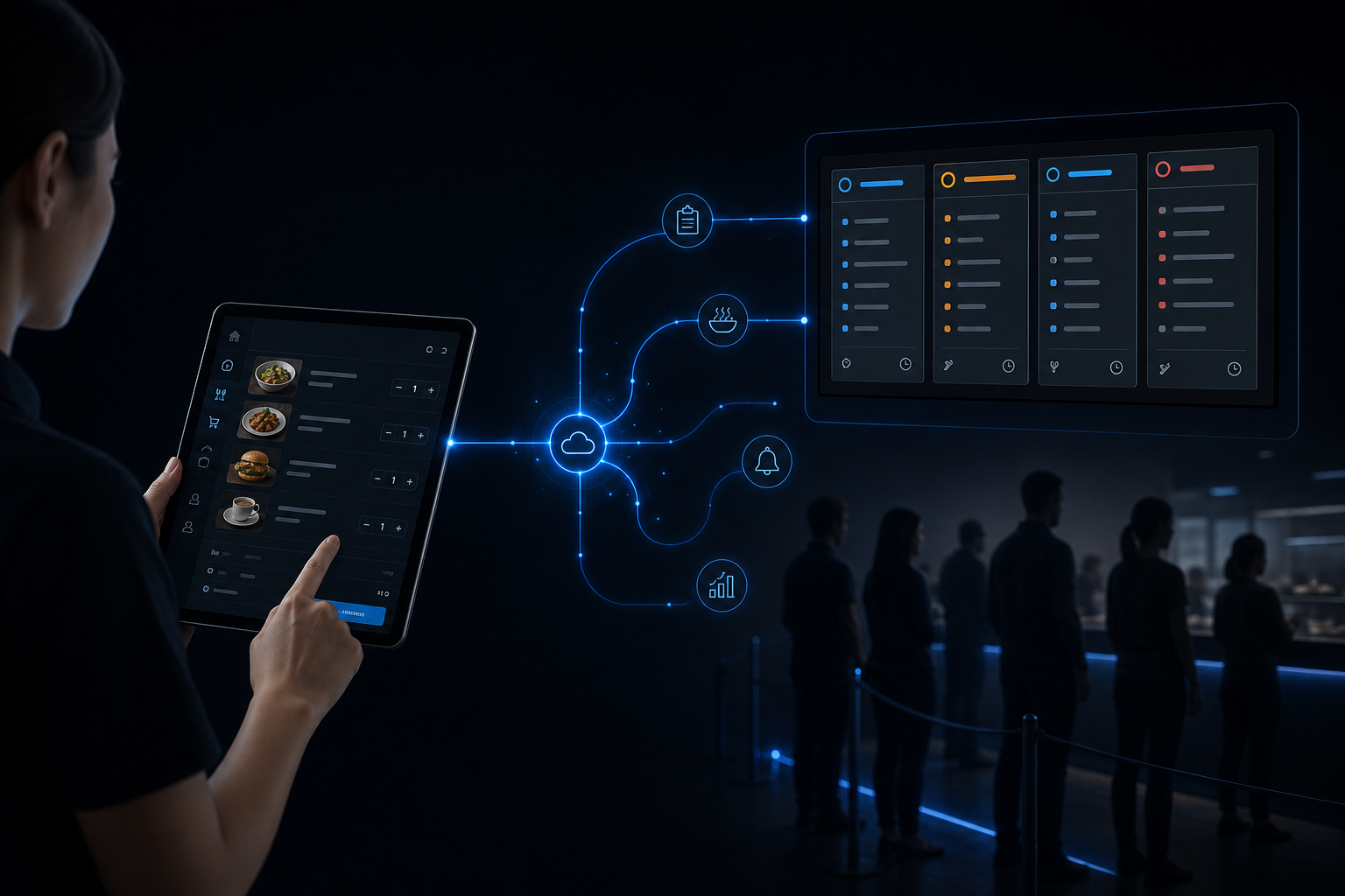 Staff member taking orders on a tablet in the queue, routing directly to a kitchen display system