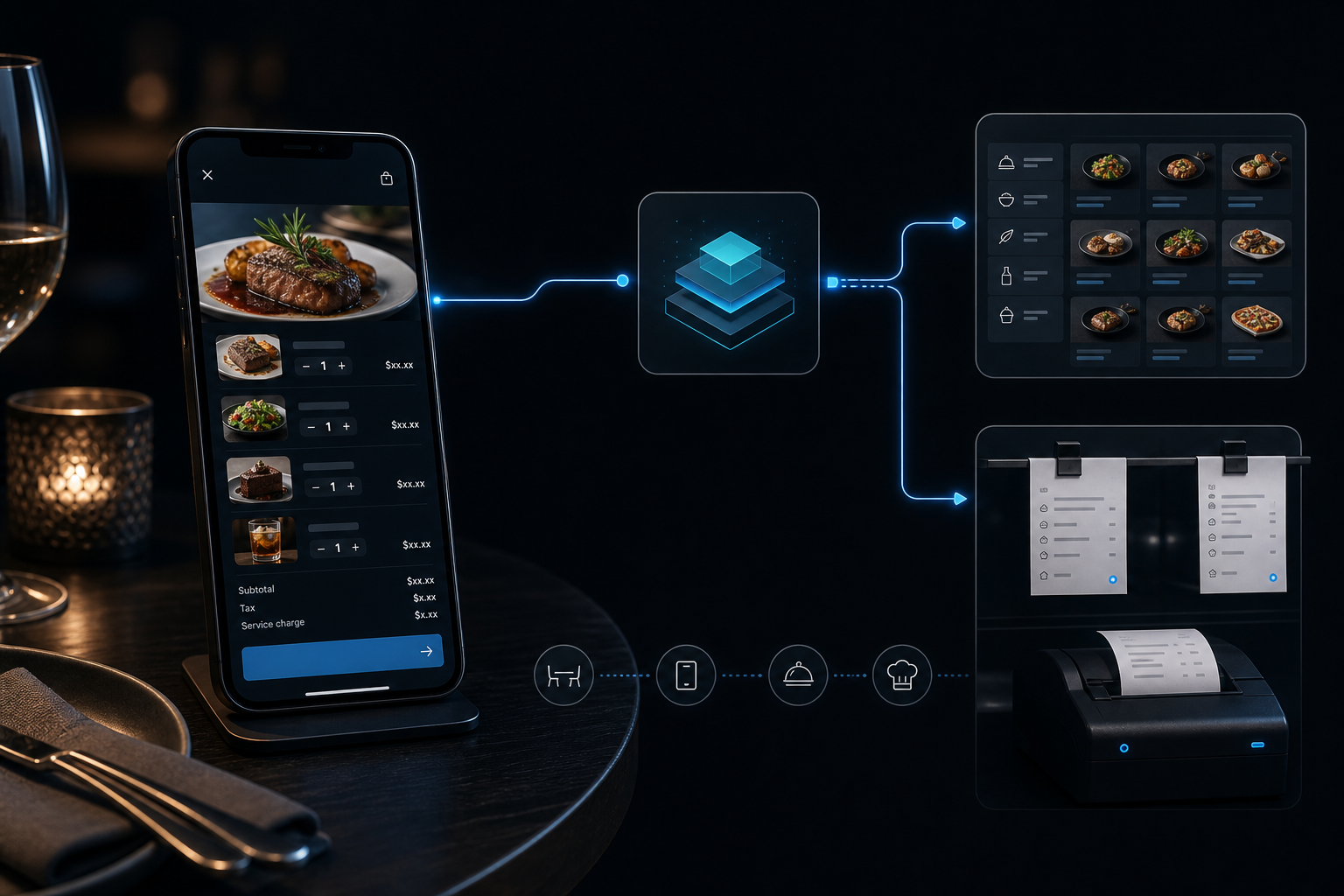 Tableside ordering on a phone connected to the menu engine and kitchen tickets