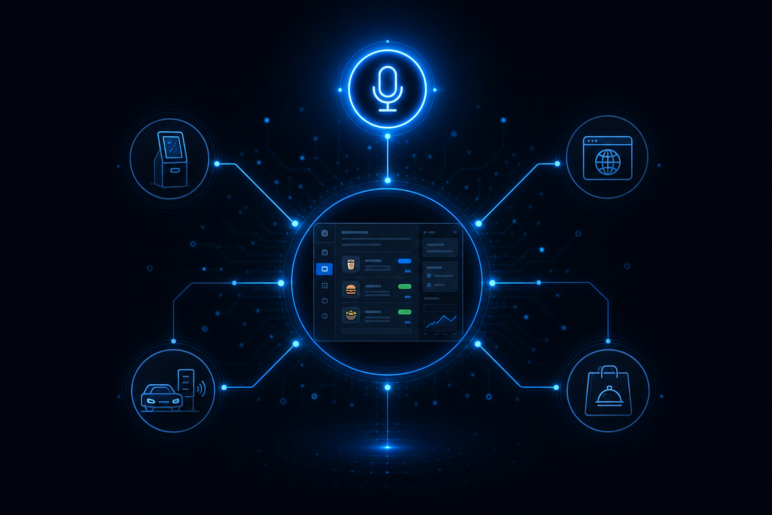 AI phone ordering feeding a unified order dashboard alongside kiosk, web, and delivery