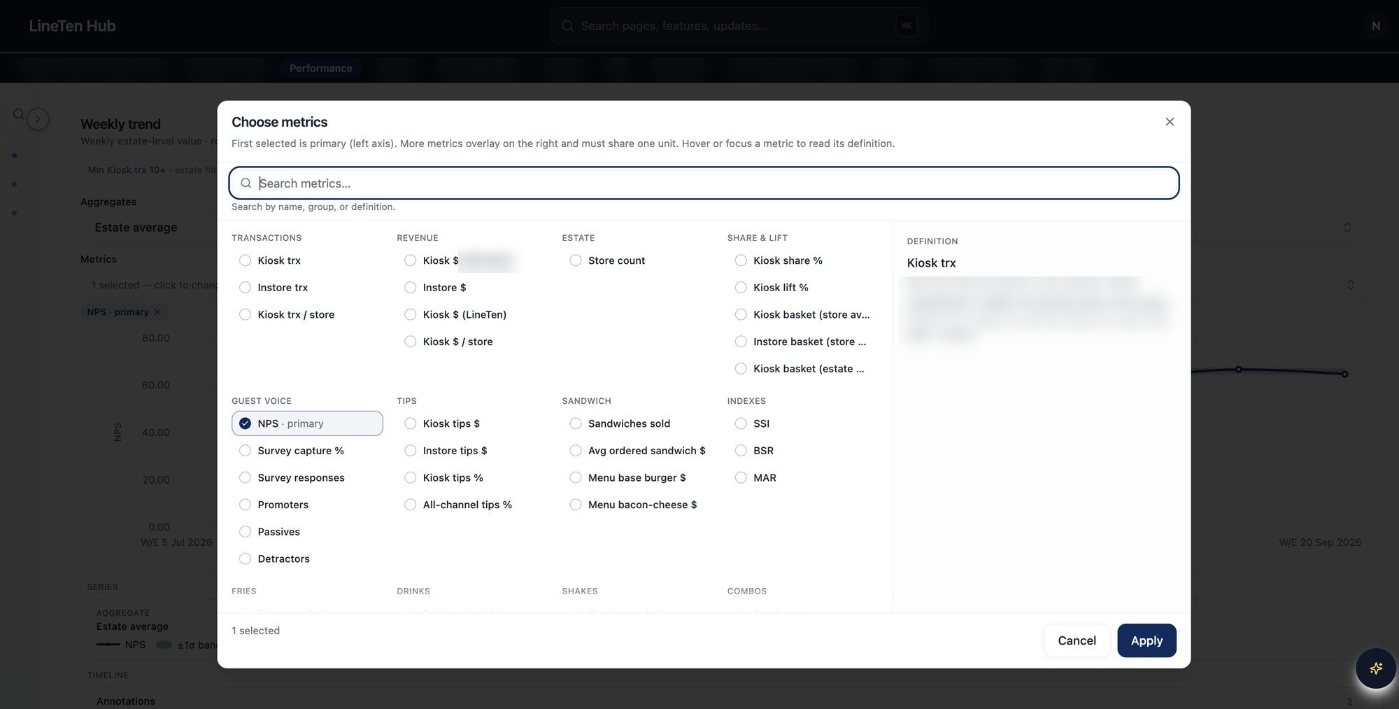 LineTen Hub Choose metrics dialog with categories and an in-product definition panel.