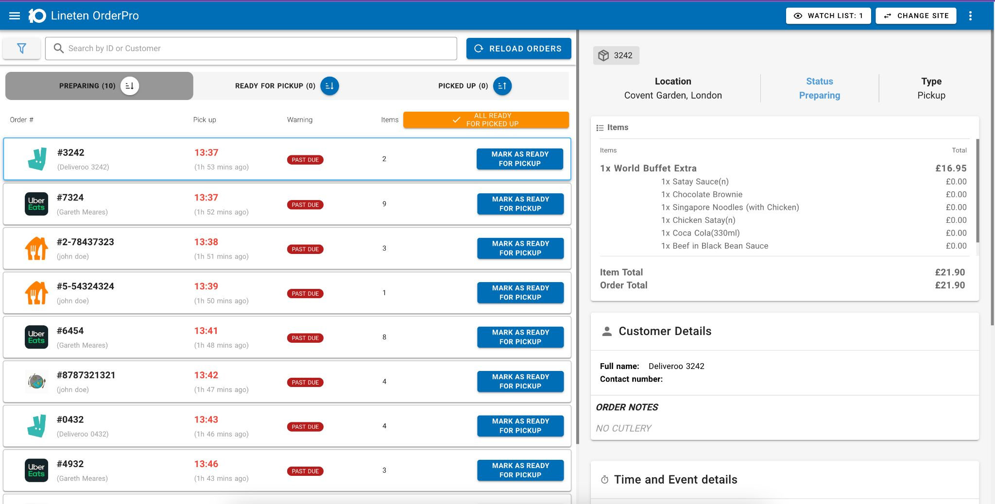 OrderPro kitchen dashboard showing Deliveroo, Uber Eats, and other marketplace orders in one preparing queue with order detail panel